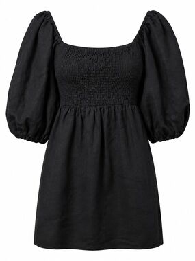 Tuckernuck Annie Smocked Linen Puff Sleeve Mini Dress Black Size Small